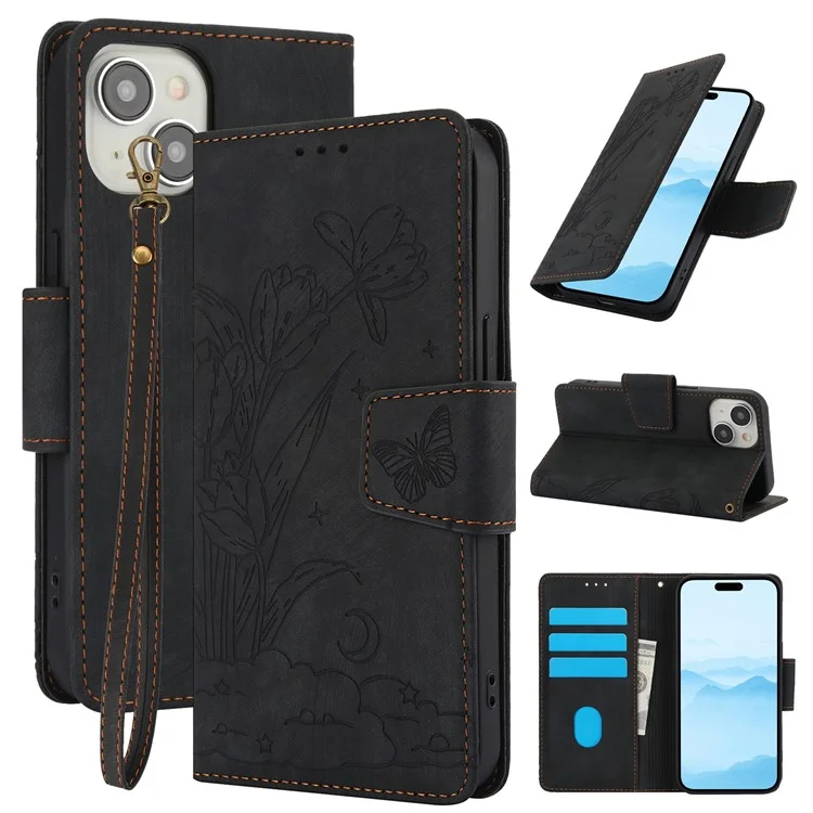 SY-001 For iPhone 15 Plus / 14 Plus Case Folding Stand Butterfly Flower Leather Phone Cover Handbag - Black