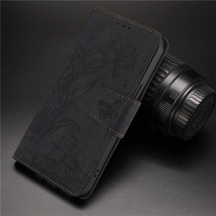 SY-001 For iPhone 15 Plus / 14 Plus Case Folding Stand Butterfly Flower Leather Phone Cover Handbag - Black