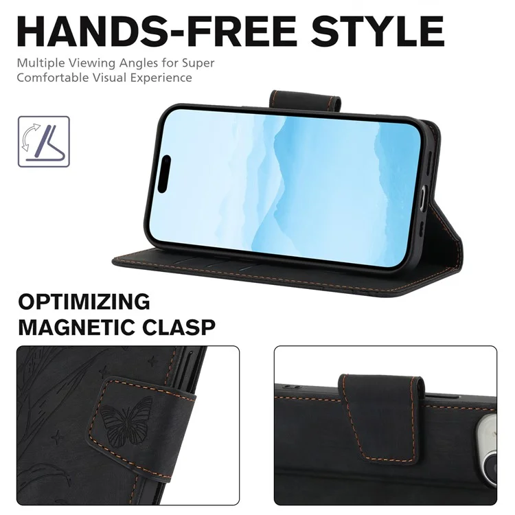 SY-001 For iPhone 15 Plus / 14 Plus Case Folding Stand Butterfly Flower Leather Phone Cover Handbag - Black
