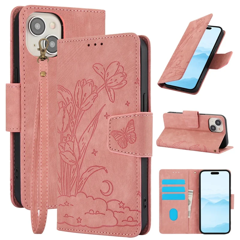 SY-001 For iPhone 15 Plus / 14 Plus Case Folding Stand Butterfly Flower Leather Phone Cover Handbag - Pink
