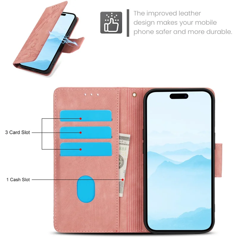 SY-001 For iPhone 15 Plus / 14 Plus Case Folding Stand Butterfly Flower Leather Phone Cover Handbag - Pink
