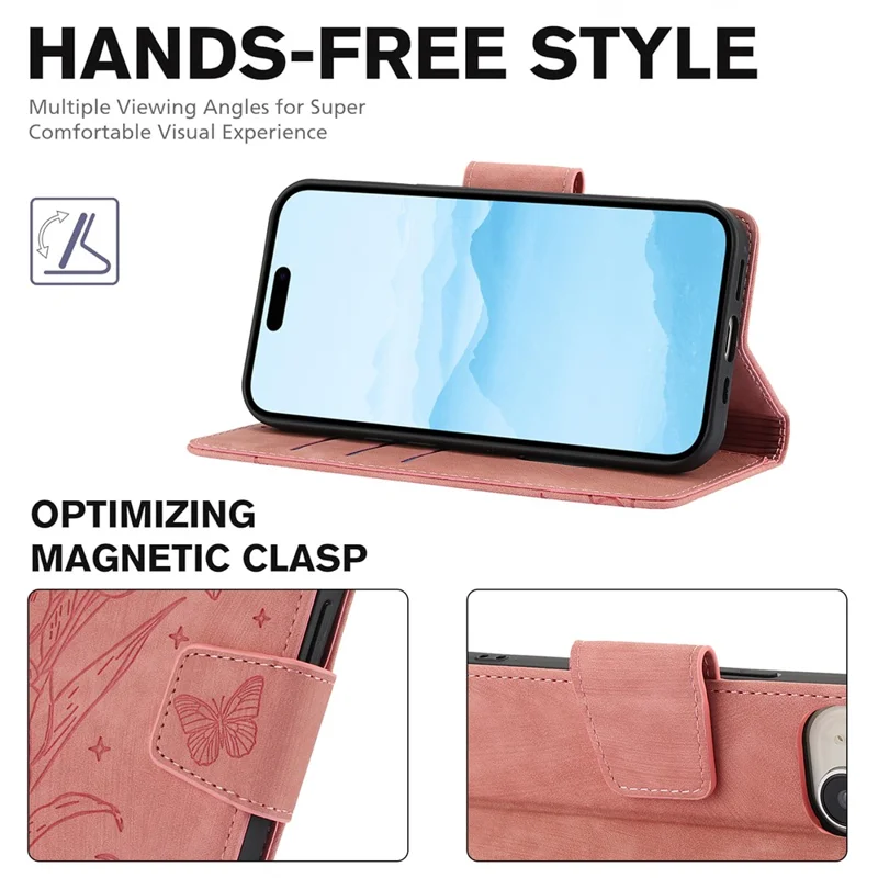 SY-001 For iPhone 15 Plus / 14 Plus Case Folding Stand Butterfly Flower Leather Phone Cover Handbag - Pink