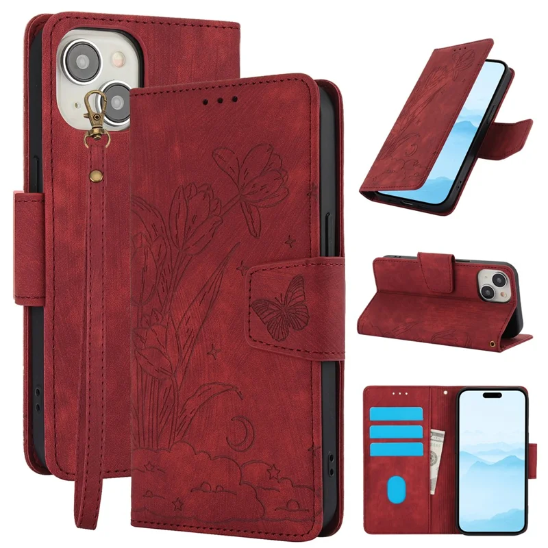 SY-001 For iPhone 15 Plus / 14 Plus Case Folding Stand Butterfly Flower Leather Phone Cover Handbag - Red