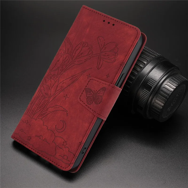 SY-001 For iPhone 15 Plus / 14 Plus Case Folding Stand Butterfly Flower Leather Phone Cover Handbag - Red