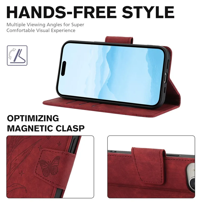 SY-001 For iPhone 15 Plus / 14 Plus Case Folding Stand Butterfly Flower Leather Phone Cover Handbag - Red