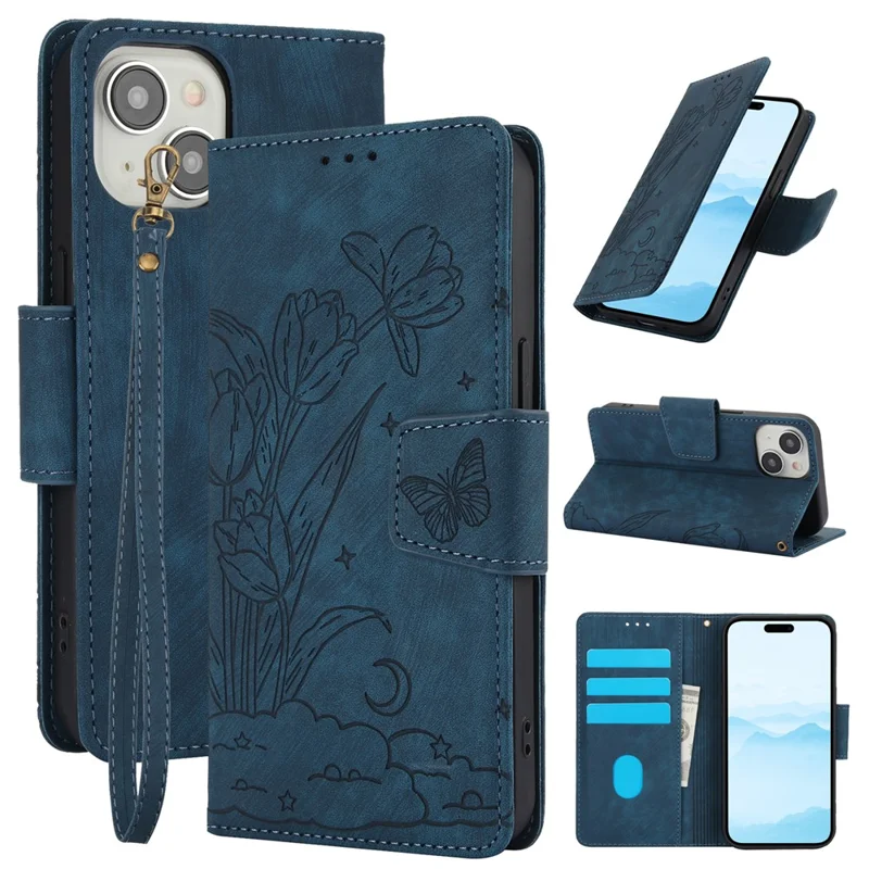 SY-001 For iPhone 15 Plus / 14 Plus Case Folding Stand Butterfly Flower Leather Phone Cover Handbag - Blue