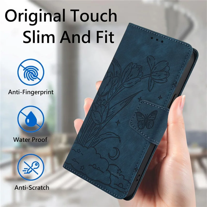 SY-001 For iPhone 15 Plus / 14 Plus Case Folding Stand Butterfly Flower Leather Phone Cover Handbag - Blue