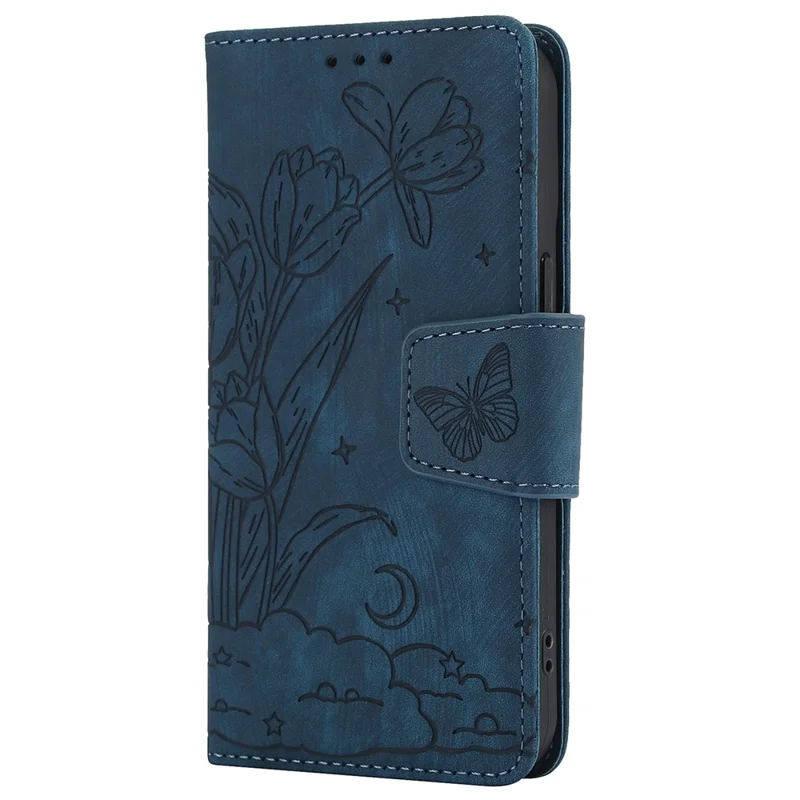 SY-001 For iPhone 15 Plus / 14 Plus Case Folding Stand Butterfly Flower Leather Phone Cover Handbag - Blue