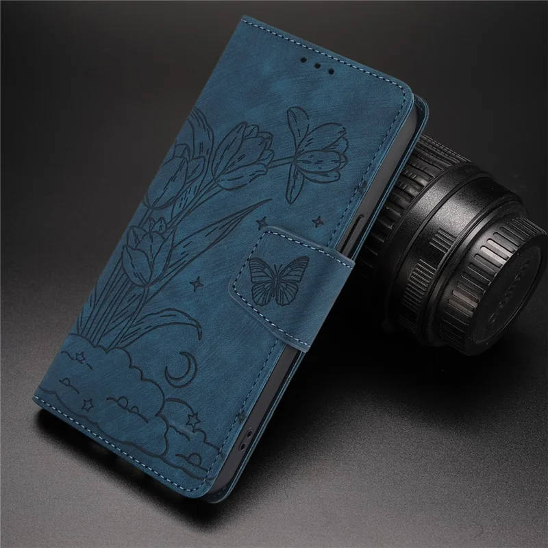 SY-001 For iPhone 15 Plus / 14 Plus Case Folding Stand Butterfly Flower Leather Phone Cover Handbag - Blue