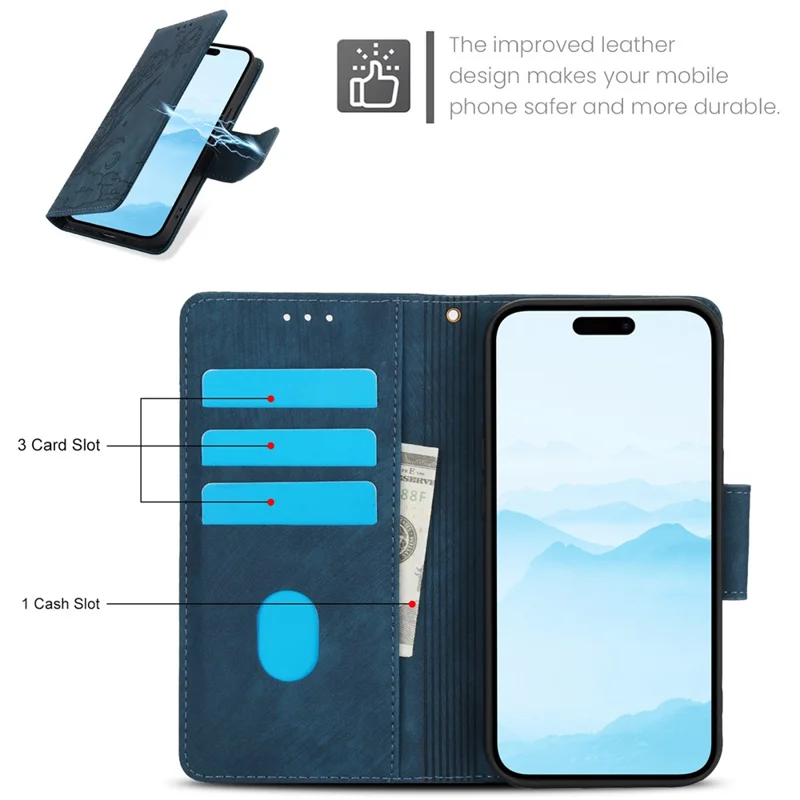 SY-001 For iPhone 15 Plus / 14 Plus Case Folding Stand Butterfly Flower Leather Phone Cover Handbag - Blue