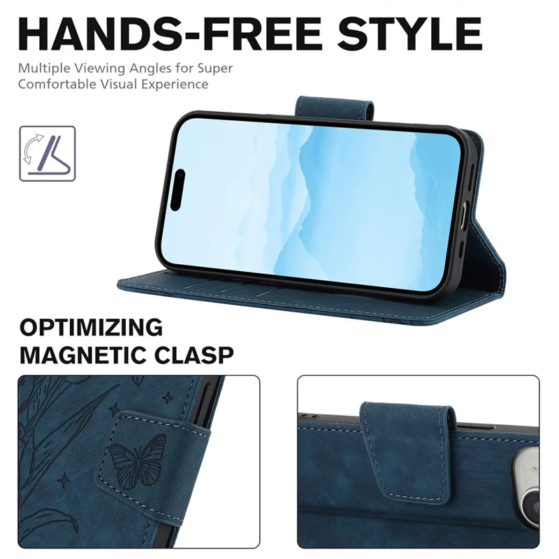 SY-001 For iPhone 15 Plus / 14 Plus Case Folding Stand Butterfly Flower Leather Phone Cover Handbag - Blue