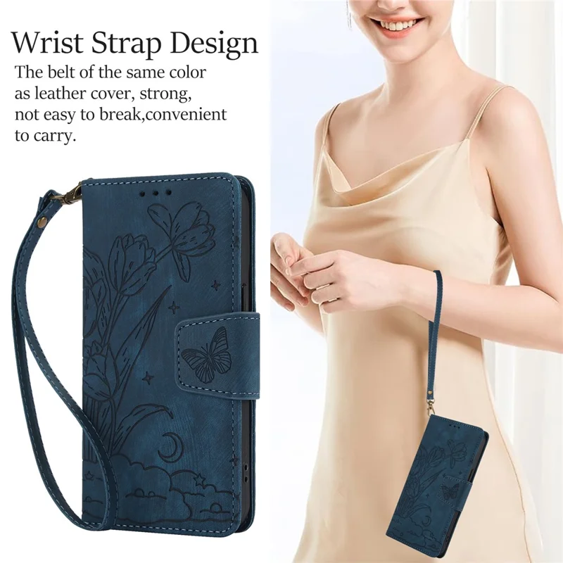 SY-001 For iPhone 15 Plus / 14 Plus Case Folding Stand Butterfly Flower Leather Phone Cover Handbag - Blue