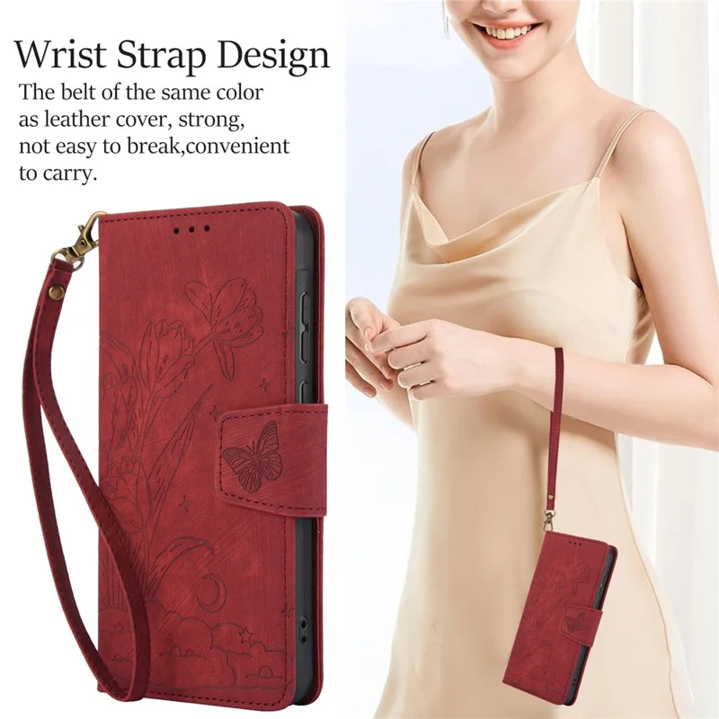 SY-001 For Realme 12 Pro 5G / 12 Pro+ 5G Case with Wrist Strap Butterfly Flower Leather Phone Cover Folio Wallet - Red
