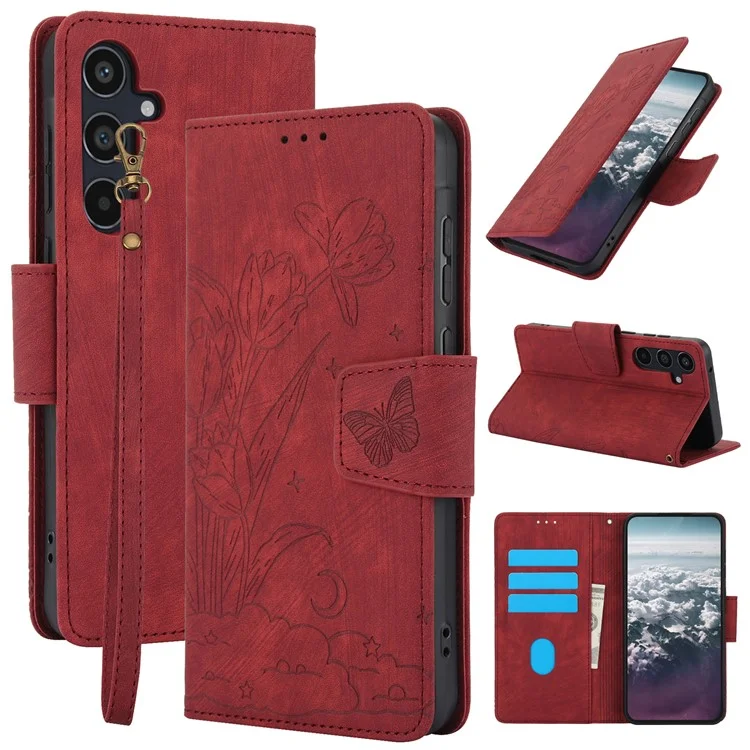 SY-001 Per Custodia Samsung Galaxy A35 5G Caso Farfalla Fiore Portafoglio Flip Pelle - Rosso