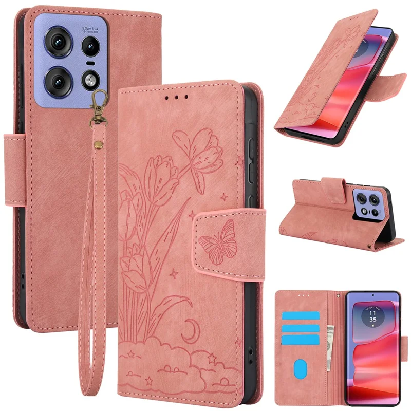 SY-001 For Motorola Edge 50 Pro 5G Leather Case Wrist Strap Butterfly Flower Phone Cover - Pink