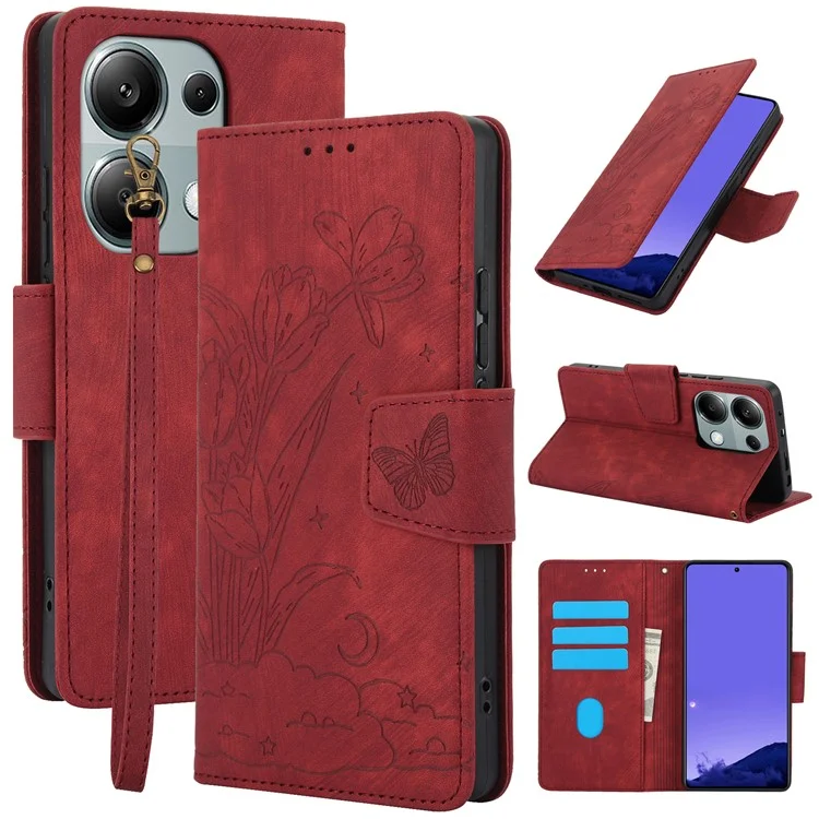 SY-001 For Xiaomi Redmi Note 13 4G Case with Card Holders Flower Butterfly Leather Phone Cover - Red