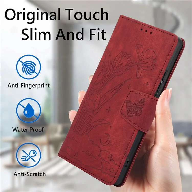 SY-001 For Xiaomi Redmi Note 13 4G Case with Card Holders Flower Butterfly Leather Phone Cover - Red