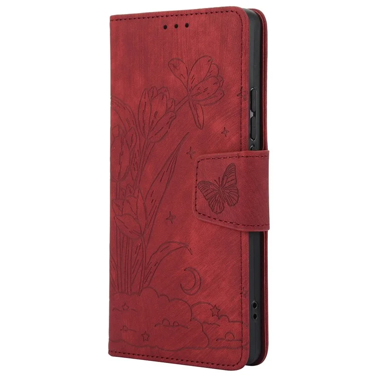 SY-001 For Xiaomi Redmi Note 13 4G Case with Card Holders Flower Butterfly Leather Phone Cover - Red