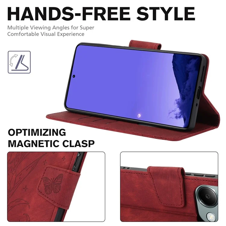 SY-001 For Xiaomi Redmi Note 13 4G Case with Card Holders Flower Butterfly Leather Phone Cover - Red