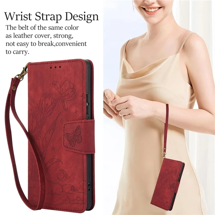 SY-001 For Xiaomi Redmi Note 13 4G Case with Card Holders Flower Butterfly Leather Phone Cover - Red