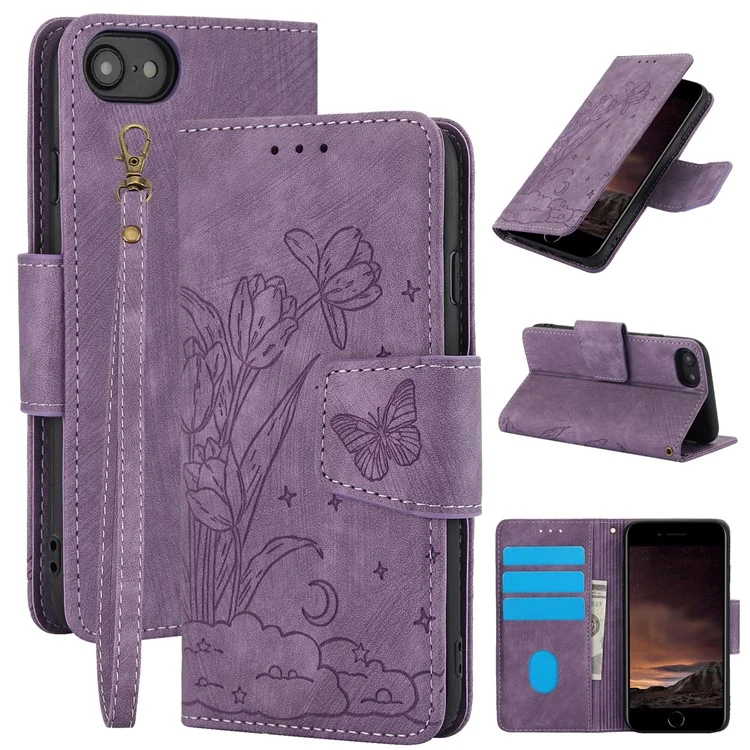 SY-001 For iPhone 16e Case Butterfly Flower Anti-Scratch Leather Phone Cover - Purple