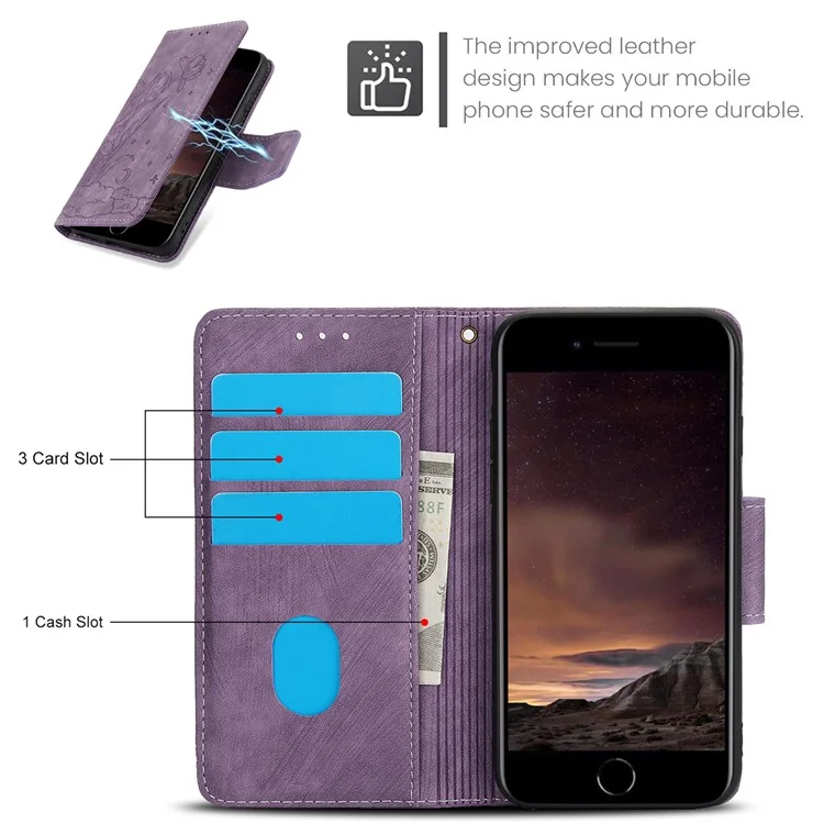 SY-001 For iPhone 16e Case Butterfly Flower Anti-Scratch Leather Phone Cover - Purple