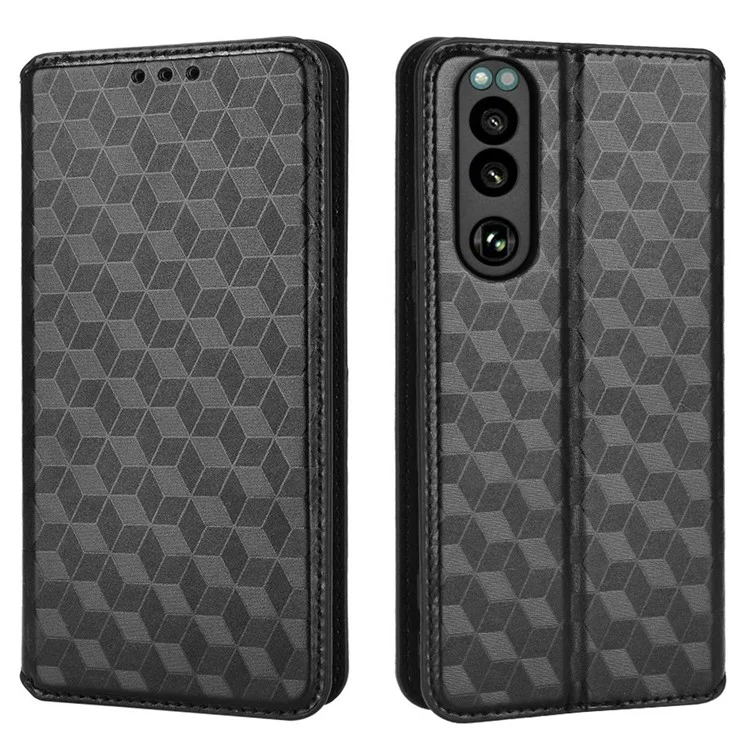 For Sony Xperia 5 IV 5G PU Leather Stand Phone Case Imprinting Rhombus Pattern Magnetic Closure Wallet Cover - Black