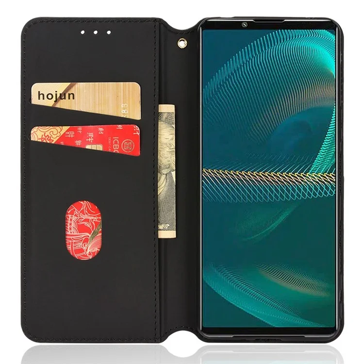 For Sony Xperia 5 IV 5G PU Leather Stand Phone Case Imprinting Rhombus Pattern Magnetic Closure Wallet Cover - Black