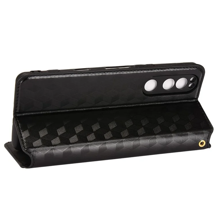 For Sony Xperia 5 IV 5G PU Leather Stand Phone Case Imprinting Rhombus Pattern Magnetic Closure Wallet Cover - Black