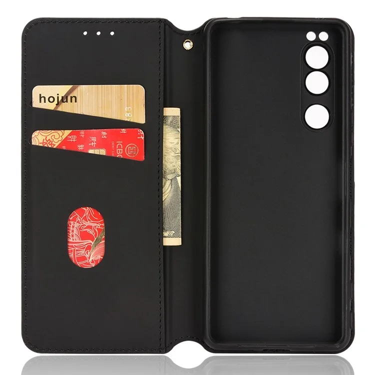 For Sony Xperia 5 IV 5G PU Leather Stand Phone Case Imprinting Rhombus Pattern Magnetic Closure Wallet Cover - Black