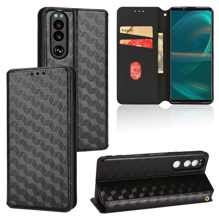 For Sony Xperia 5 IV 5G PU Leather Stand Phone Case Imprinting Rhombus Pattern Magnetic Closure Wallet Cover - Black