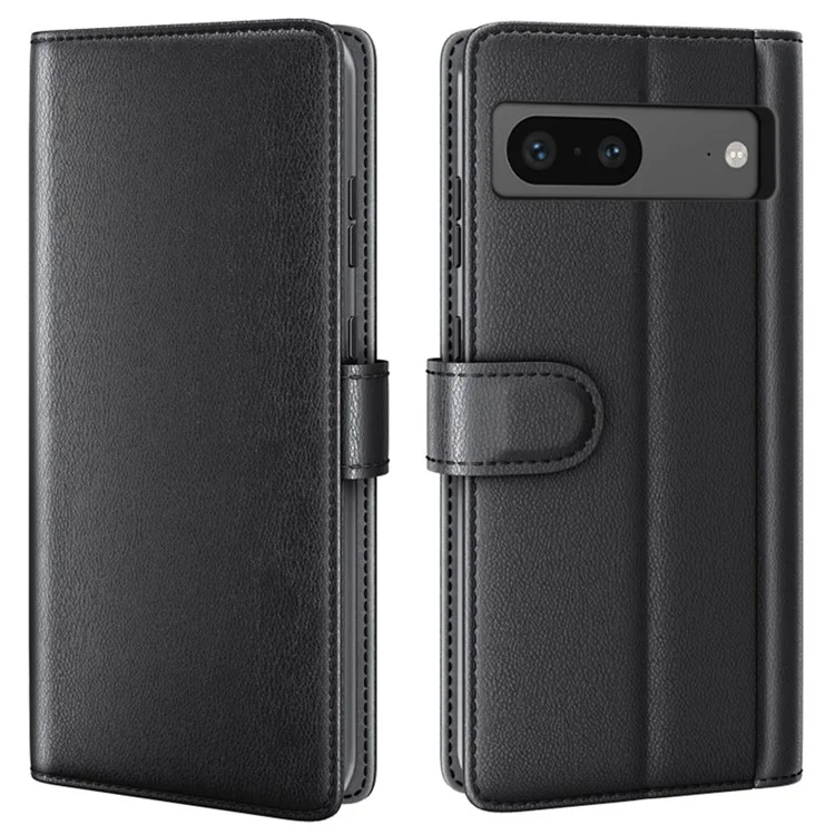 For Google Pixel 7 5G Phone Cases Genuine Split Leather Wallet Mobile Cover Stand - Black