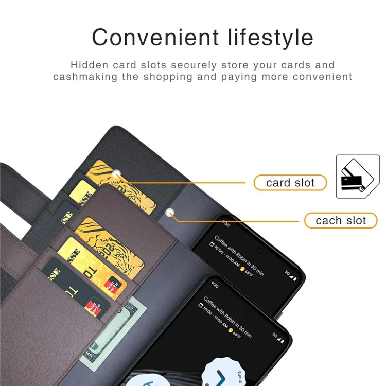 For Google Pixel 7 5G Phone Cases Genuine Split Leather Wallet Mobile Cover Stand - Black
