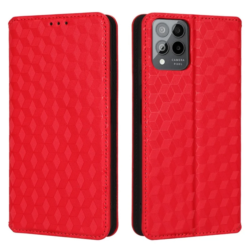 For T-Mobile REVVL 6 Pro 5G 5G / Telekom T Phone Pro 5G / T-Mobile T Phone Pro 5G Rhombus Pattern Imprinted PU Leather Case Wallet Stand Magnetic Auto-absorbed Flip Protective Cover -  Red