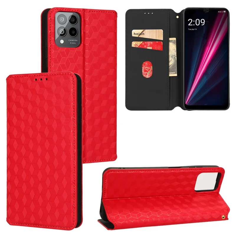 For T-Mobile REVVL 6 Pro 5G 5G / Telekom T Phone Pro 5G / T-Mobile T Phone Pro 5G Rhombus Pattern Imprinted PU Leather Case Wallet Stand Magnetic Auto-absorbed Flip Protective Cover -  Red
