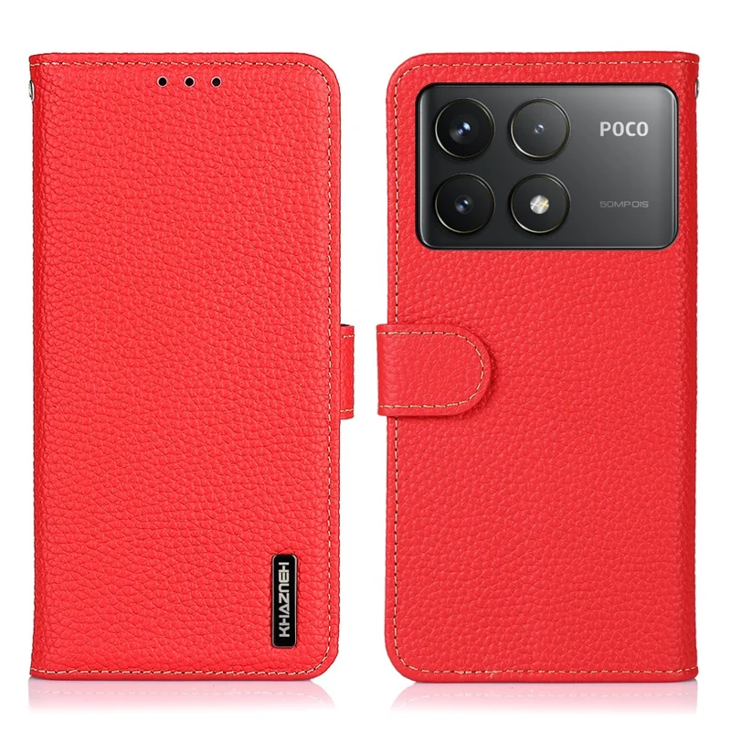 KHAZNEH Para Xiaomi Poco F6 Pro 5G / Redmi K70 5G / K70 Pro 5G Funda de Piel Genuina de Vaca - Rojo
