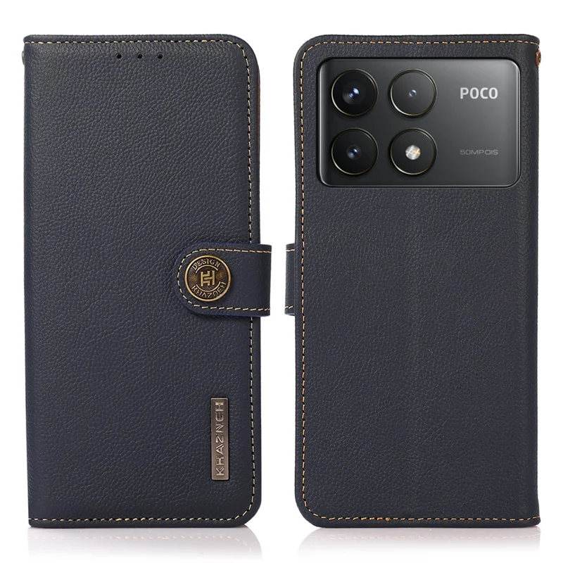 KHAZNEH für Xiaomi Poco F6 Pro 5G / Redmi K70 5G / K70 Pro 5G Hülle Echtes Rindsleder Brieftasche Cover - Blau