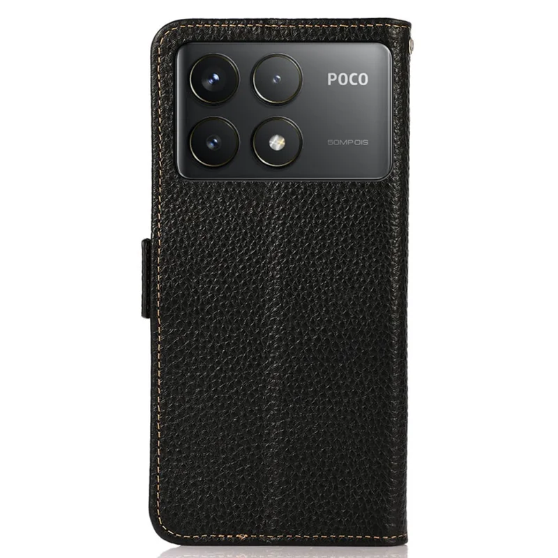 KHAZNEH For Xiaomi Poco F6 Pro 5G / Redmi K70 5G / K70 Pro 5G Case RFID Blocking Genuine Cow Leather Cover Lychee Pattern - Black