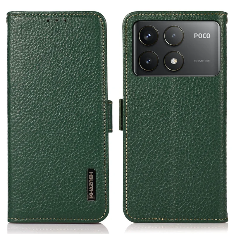 KHAZNEH Para Xiaomi Poco F6 Pro 5G / Redmi K70 5G / K70 Pro 5G Case RFID Blocking Genuine Cow Leather Cover Lychee Pattern - Verde