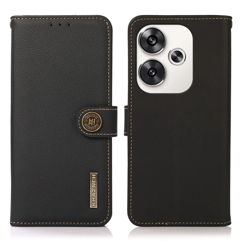 KHAZNEH Para Xiaomi Poco F6 5G / Redmi Turbo 3 5G Case Genuine Cow Leather Wallet Cover - Preto