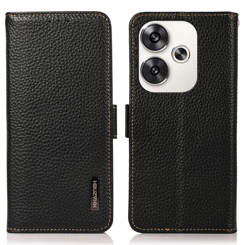 KHAZNEH For Xiaomi Poco F6 5G / Redmi Turbo 3 5G Case Genuine Cow Leather Cover RFID Blocking - Black