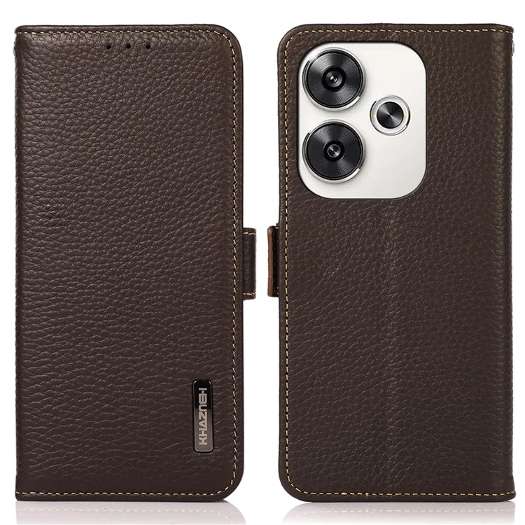 KHAZNEH Para Xiaomi Poco F6 5G / Redmi Turbo 3 5G Capa Genuína de Couro de Vaca Cobertura de Bloqueio RFID - Marrom