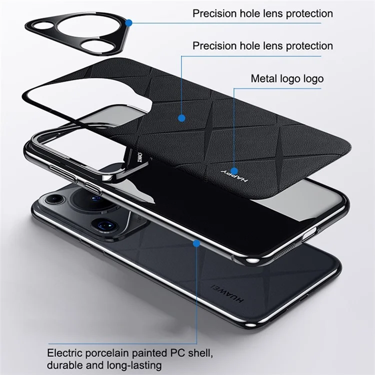 Pour Huawei Pura 70 Ultra Case PU Cuir + Couvercle de Téléphone Dur PC Anti-Empreintes Digitales - Noir