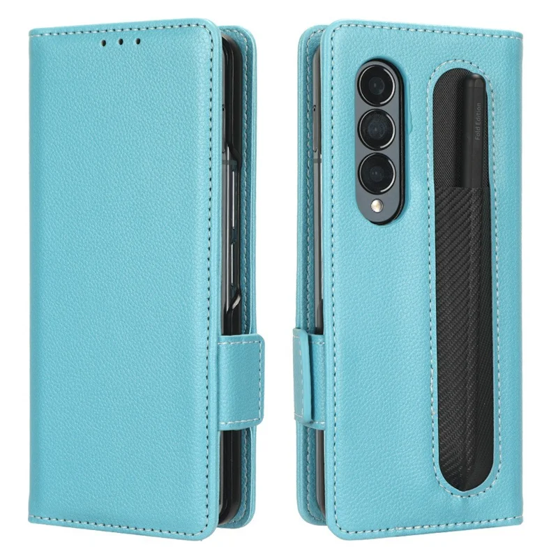 For Samsung Galaxy Z Fold3 5G Litchi Texture PU Leather Wallet Case Stand Function Dual Magnetic Clasp Flip Cover with Pen Holder - Baby Blue