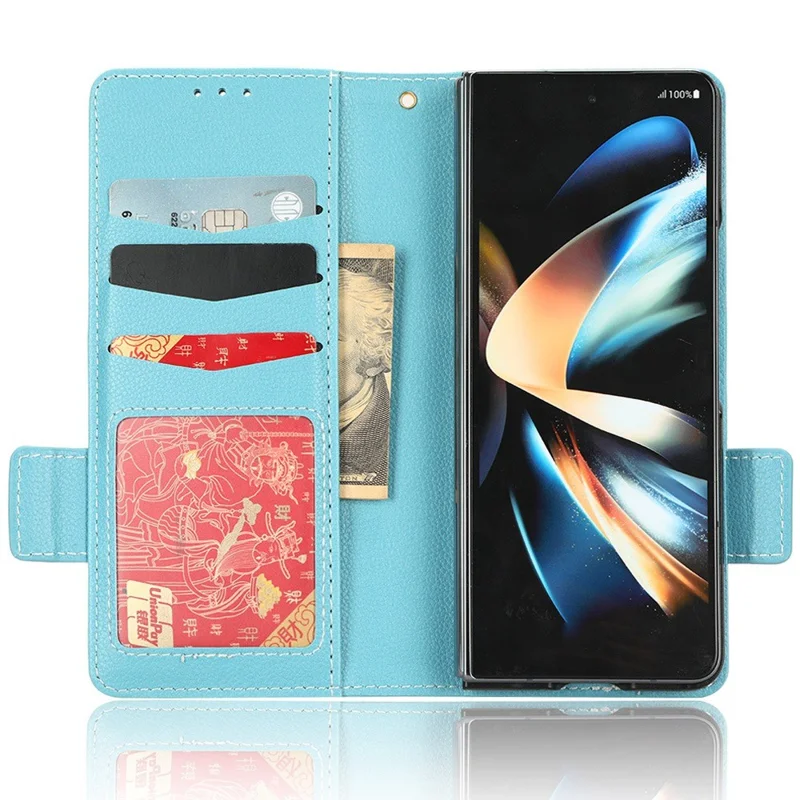 For Samsung Galaxy Z Fold3 5G Litchi Texture PU Leather Wallet Case Stand Function Dual Magnetic Clasp Flip Cover with Pen Holder - Baby Blue