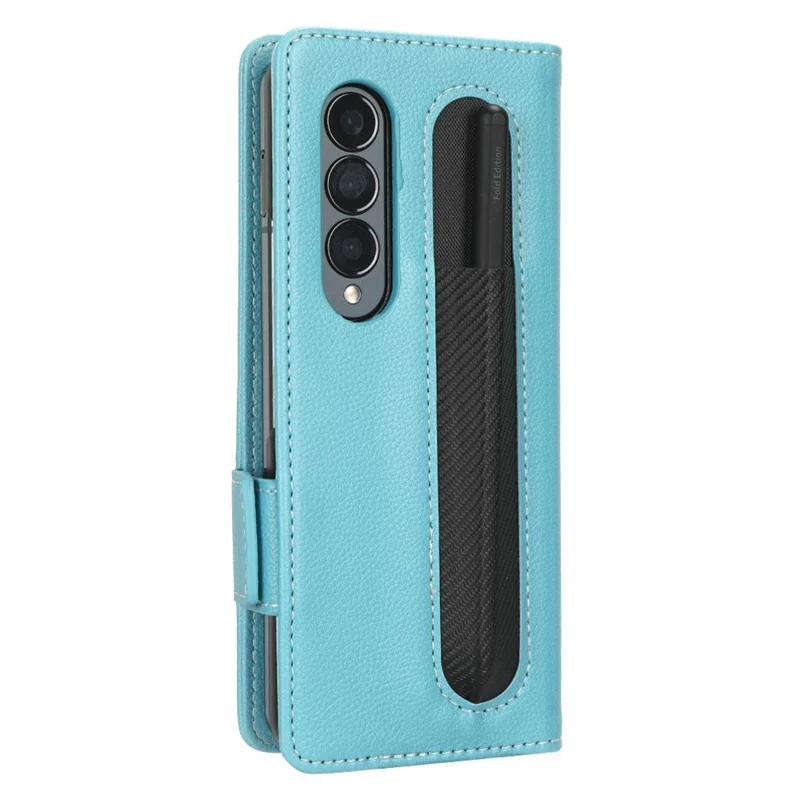 For Samsung Galaxy Z Fold3 5G Litchi Texture PU Leather Wallet Case Stand Function Dual Magnetic Clasp Flip Cover with Pen Holder - Baby Blue