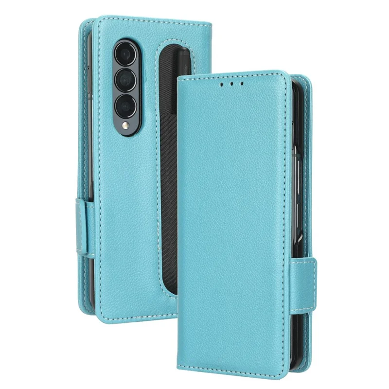 For Samsung Galaxy Z Fold3 5G Litchi Texture PU Leather Wallet Case Stand Function Dual Magnetic Clasp Flip Cover with Pen Holder - Baby Blue