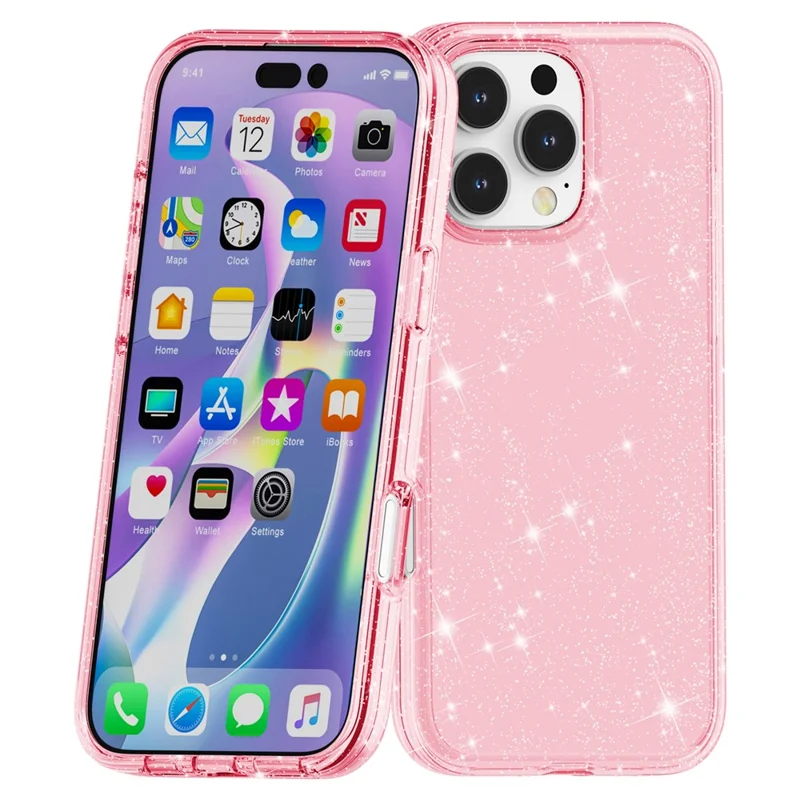 For iPhone 16 Pro Max Case Anti-Scratch PC+TPU Sparkly Glitter Phone Cover - Pink
