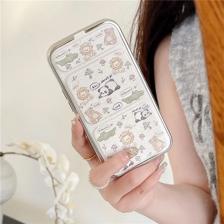 Für iPhone 15 Pro Case Cute Pattern Kickstand Leder+TPU Elektroplattierung Handyhülle - Graffiti Tiere