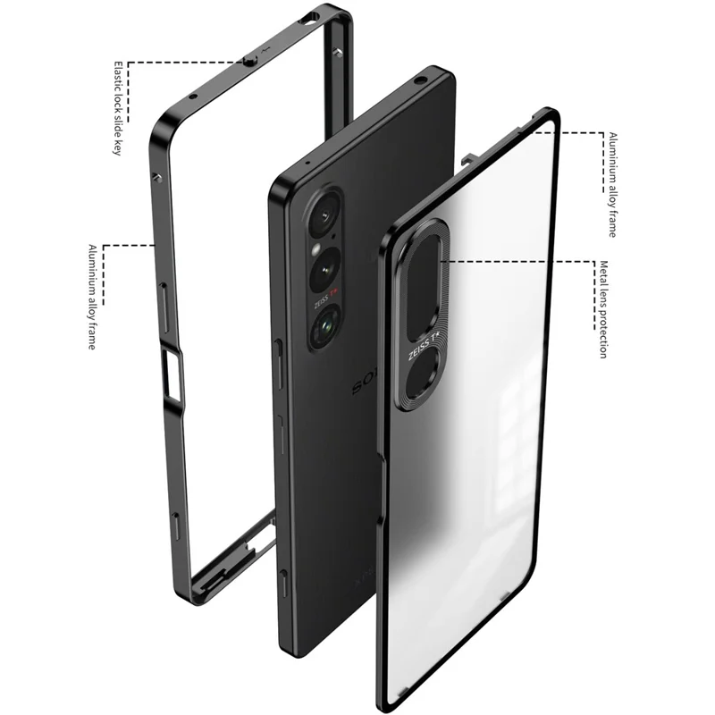 For Sony Xperia 1 V Matte Case Aluminium Alloy+PC Phone Cover with Pop-Up Snap Lock - Silver